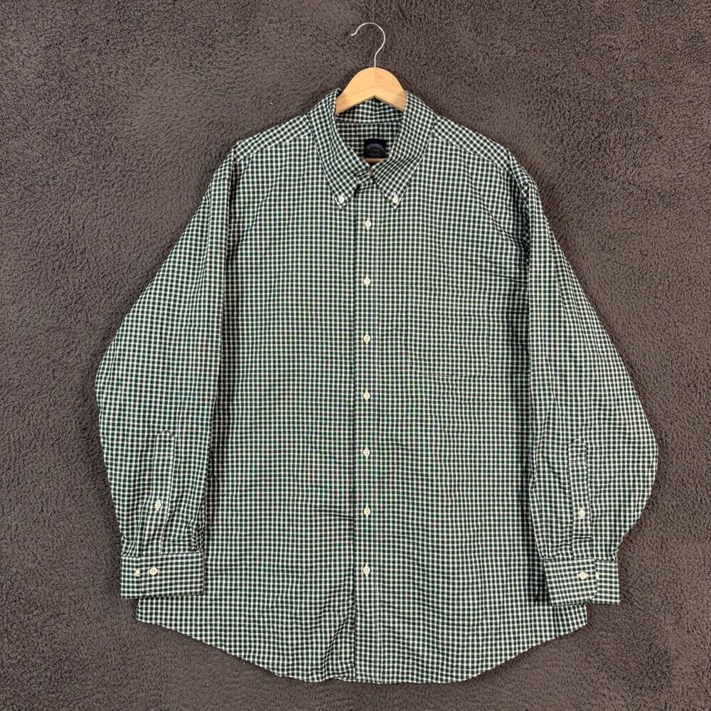 Brooks Brothers Shirt Mens 18 34/35 Green Check Oxford OCBD Long Sleeve Preppy